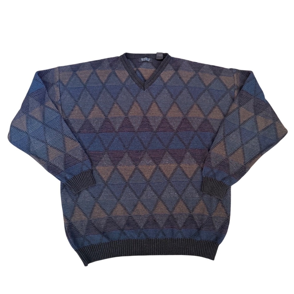Segreto Vintage Mens XL Geometric Diamond Knit V-Neck Sweater Blue Brown Italy